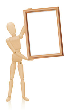 Artist mannequin with blank wooden picture frame. Isolated vector illustration on white background.