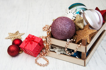 box with christmas baubles