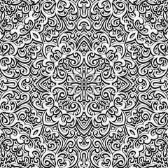 Black and white curly ornament, seamless pattern
