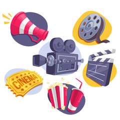 Movie Icons Set (Megaphone, Reel, Camera, Ticket, Clapboard and Fast Food). Vector Illustration.