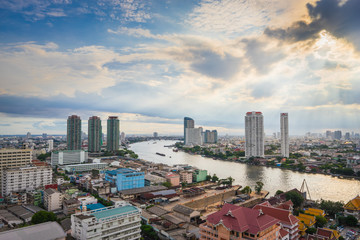 beautiful curve of chao phraya river and high building sky scrap