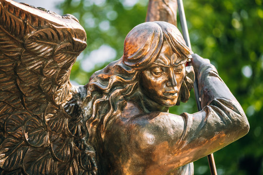 Statue Of Archangel Michael near Red Catholic Church Of St. Simon And St. Helena In Minsk, Belarus