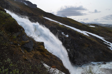 Large waterfall on mountain slope, Swedish subarctic Lapland