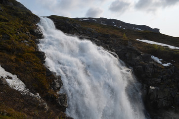 Large waterfall on mountain slope, Swedish subarctic Lapland