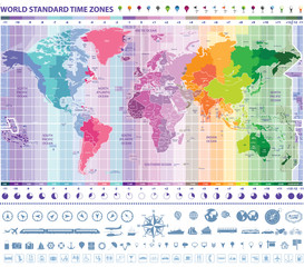 world standard time zones map with clocks, navigation and travel icons