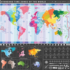 Colorful world standard time zones map. Maps of each continent. Time zones clocks icons and travel icons