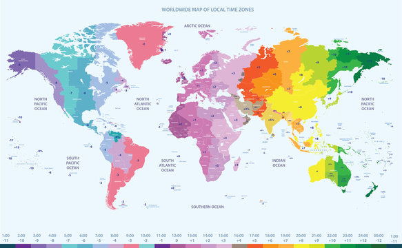 color worldwide map of local time zones
