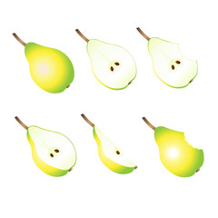 Ripe pears, pears slices on a white background.