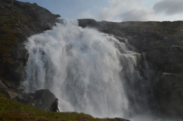 Large waterfall on mountain slope, Swedish subarctic Lapland