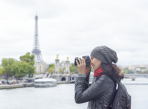 Girl Taken Pictures Eiffel Tower.