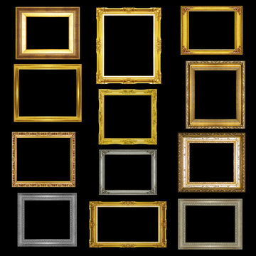Set antique picture frame on black background