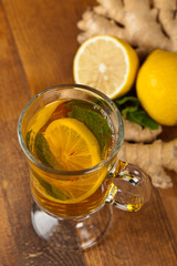Ginger tea with mint leaves. Selective focus.