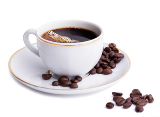 Cup with coffe and beans on white background