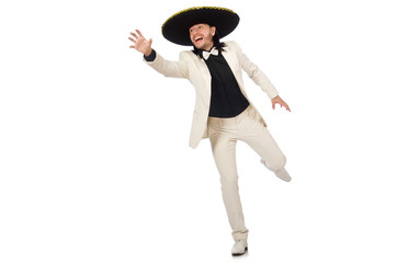 Funny mexican in suit and sombrero isolated on white