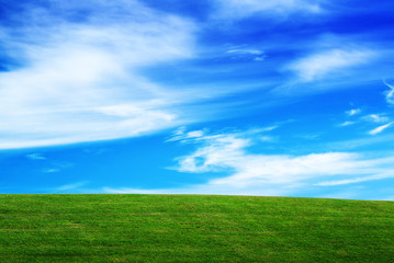 Fototapeta na wymiar Horizon over Green Field and Beautiful Blue Sky with Clouds