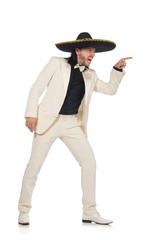 Funny mexican in suit and sombrero isolated on white