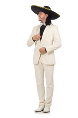 Funny mexican in suit and sombrero isolated on white