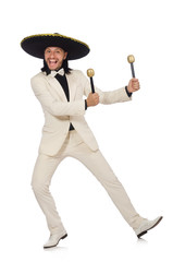 Funny mexican in suit holding maracas isolated on white