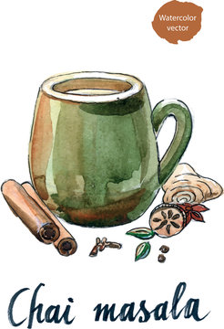 Watercolor Masala Chai And Ingredients