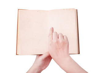 overhead view of hands holding a old book  with copy space ready