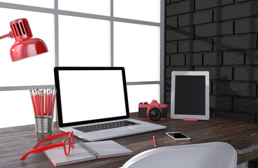 3D illustration laptop and work stuff on table near brick wall, Workspace