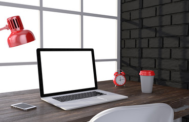 3D illustration laptop and work stuff on table near brick wall, Workspace