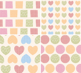 Fototapeta premium Four seamless patterns with ornamental line drawings, hearts, sq