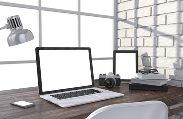 3D illustration laptop and work stuff on table near brick wall, Workspace