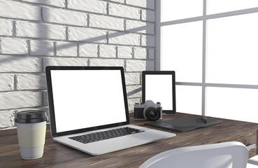 Fototapeta premium 3D illustration laptop and work stuff on table near brick wall, Workspace