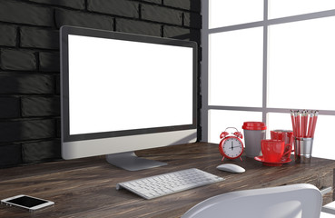 Fototapeta premium 3D illustration PC screen on table in office, Workspace