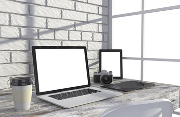 Fototapeta premium 3D illustration laptop and work stuff on table near brick wall, Workspace