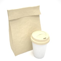 Coffee to go and lunch bag, on white.