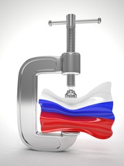 Russia's flag in clamp, crisis, sanction concept