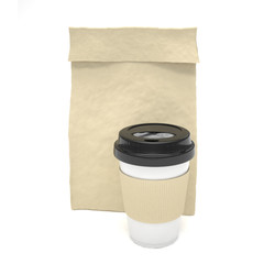 Coffee to go and lunch bag, on white.