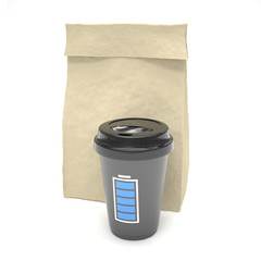 Coffee to go and lunch bag, on white.