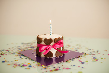 dog birthday cake with bone cookies, ribbon , candle