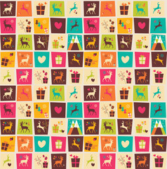 Seamless patterns with colorful squares, Christmas reindeers, gi