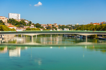 Cityscape of Lyon, France with reflections in the water