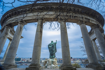 St. Gellert statue and the view of Budapest from the Gellert Hill, Budapest, Hungary