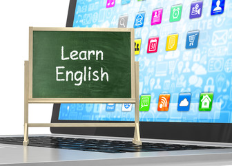  Laptop with chalkboard, learn english, online education concept