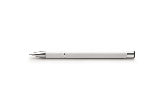 White pen isolated on a white background. Nice pen mock up for corporate busines identity presentation. Drawing and writing. Expensive luxury ballpoint pen.