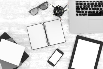 laptop and office stuff, workplace, top view