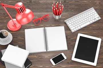 office stuff on table, workplace, top view