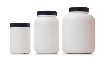 Jars with food additive protein isolated on white