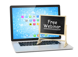 Laptop with chalkboard, free webinar, online education concept