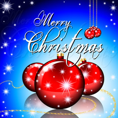 Merry Christmas greeting card with Xmas balls and shining stars