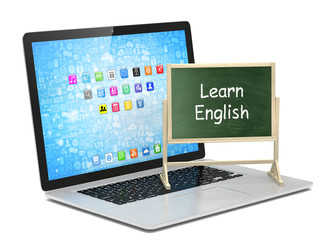  Laptop with chalkboard, learn english, online education concept
