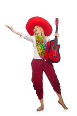 Woman wearing guitar with sombrero
