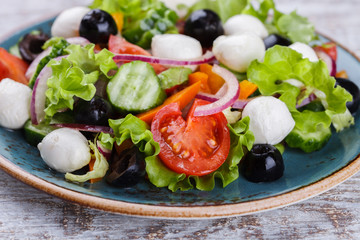 Greek salad , mini mozzarella in a bowl shape.selective focus