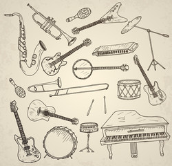 Hand drawn musical instruments. 